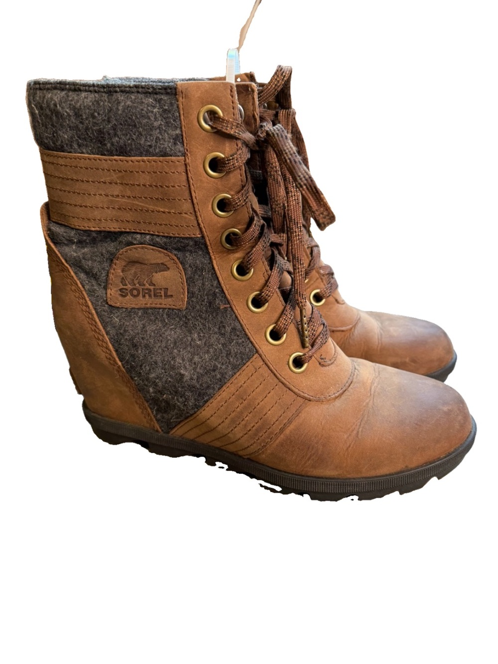 Sorel Lexie Felt Pieced Wedge Ankle Boots Womens Size 10 Tobacco Brown Leather